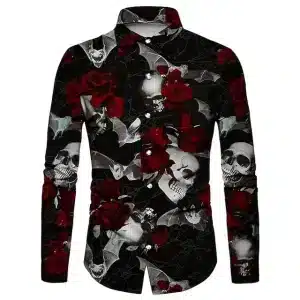 Gothic Skull Rose Web Print Men's Long Sleeve Dress Shirt