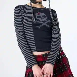 Gothic Striped Skull Crossbones Women’s Long Sleeve T-Shirt