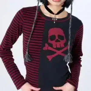 Gothic Striped Skull Crossbones Women’s Long Sleeve T-Shirt