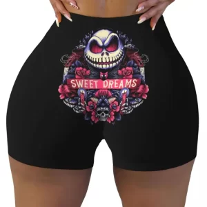 Gothic Sweet Dreams Skull Floral Art Women’s Yoga Shorts