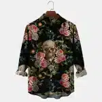 Gothic Vintage Floral Skull Men's Long Sleeve Dress Shirt