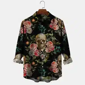 Gothic Vintage Floral Skull Men's Long Sleeve Dress Shirt