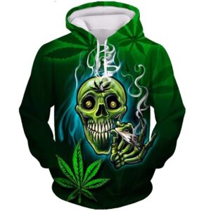 Green Smoking Skull Cannabis Leaves Graphic Men’s Hoodie