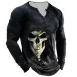 Grinning Skull Shadow Scary Henley Men’s Long Sleeve Shirt