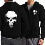 Grunge Distressed Skull Emblem Black Men’s Zip-Up Hoodie