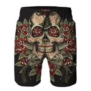 Guns and Roses Intricate Gothic Skull Print Swim Trunks