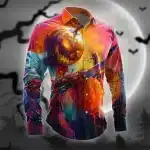 Halloween Pumpkin Skeleton Men's Long Sleeve Dress Shirt