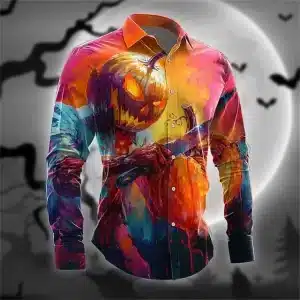 Halloween Pumpkin Skeleton Men's Long Sleeve Dress Shirt