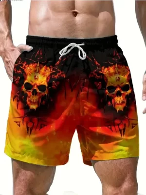 Haunted Flame Dual Evil Skull Inferno Graphic Swim Trunks