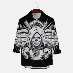 Hooded Angel Skull Horror Men’s Long Sleeve Dress Shirt