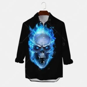 Horror Fiery Blue Skull Graphic Men's Long Sleeve Dress Shirt