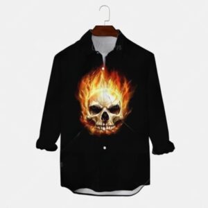 Horror Fiery Skull Flame Men's Long Sleeve Dress Shirt