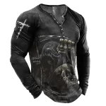 Horror Reaper Skull Graphic Henley Men’s Long Sleeve Shirt