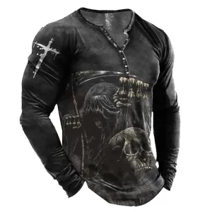 Horror Reaper Skull Graphic Henley Men’s Long Sleeve Shirt