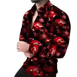 Horror Red Skull Camo Graphic Men's Long Sleeve Dress Shirt