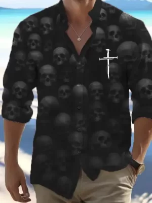 Horror Shadow Skull Cross Men's Long Sleeve Dress Shirt