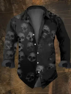 Horror Skull Dark Shadow Print Men's Long Sleeve Dress Shirt