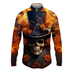 Inferno Skull Top Hat Rose Men's Long Sleeve Dress Shirt