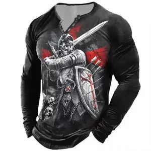 Knight Skeleton Battle Armor Men’s Henley Long Sleeve Shirt