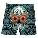 Mandala Floral Sugar Skull Pattern Aqua Blue Swim Trunks