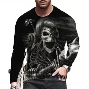 Metal Punk Rocking Skeleton Guitar Men’s Long Sleeve T-Shirt