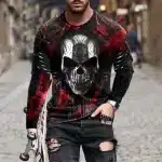 Metallic Tribal Skull Red Splatter Men’s Long Sleeve T-Shirt