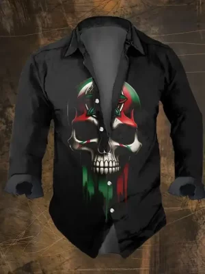 Mexican Flag Skull Graphic Men's Long Sleeve Dress Shirt