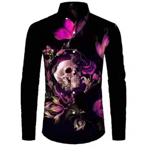 Midnight Floral Skull Butterfly Men's Long Sleeve Dress Shirt