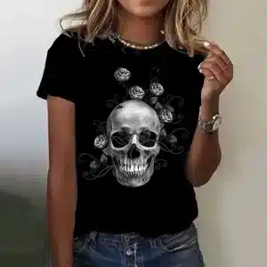 Monochrome Floral Skull Rose Swirl Gothic Women's T-Shirt