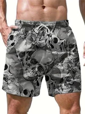 Monochrome Gothic Skull Rose Pattern Swim Trunks