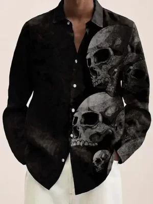 Monochrome Grunge Skull Art Men's Long Sleeve Dress Shirt