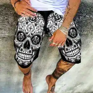 Monochrome Intricate Sugar Skull Gothic Cross Swim Trunks