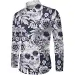 Monochrome Skull Floral Print Men's Long Sleeve Dress Shirt