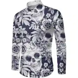 Monochrome Skull Floral Print Men's Long Sleeve Dress Shirt