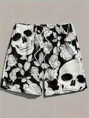 Monochrome Skull and Rose Vine Gothic Art Swim Trunks