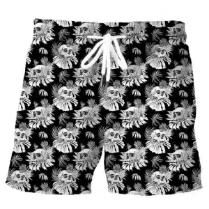 Monochrome Tropical Skull Floral Pattern Swim Trunks