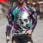 Mosaic Skull Rose Stitch Gothic Men’s Long Sleeve T-Shirt