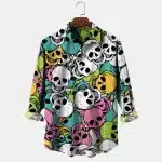 Multicolor Cartoon Skull Print Men's Long Sleeve Dress Shirt