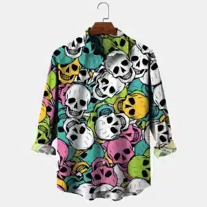 Multicolor Cartoon Skull Print Men's Long Sleeve Dress Shirt