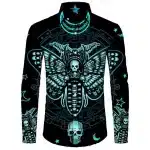 Neon Blue Skull Moth Graphic Men's Long Sleeve Dress Shirt