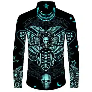 Neon Blue Skull Moth Graphic Men's Long Sleeve Dress Shirt