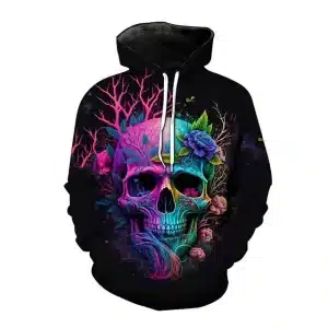 Neon Floral Vines Roots Skull Art Black Men's Hoodie