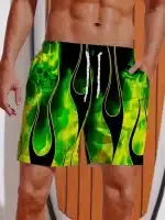 Neon Green Skull Hell Flames Graphic Swim Trunks