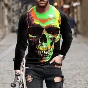 Neon Skull Paint Graphic Art Black Men’s Long Sleeve T-Shirt