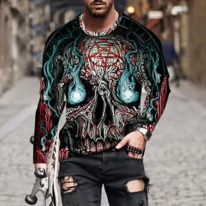 Occult Skull Flame Graphic Men’s Long Sleeve T-Shirt