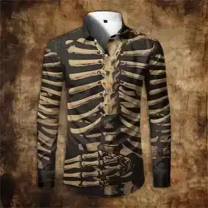 Old Skeleton Ribcage Print Men's Long Sleeve Dress Shirt