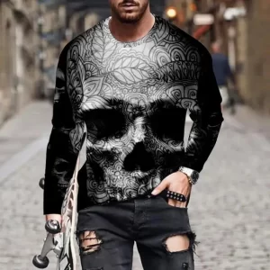 Ornate Gothic Mandala Skull Print Men’s Long Sleeve T-Shirt