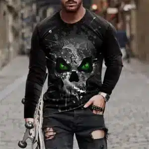 Paint Splatter Green-Eyed Skull Men’s Long Sleeve T-Shirt