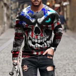 Patriotic USA Flag Grunge Skull Art Men’s Long Sleeve T-Shirt