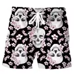 Pink Floral Sakura Bloom Skull Pattern Black Swim Trunks